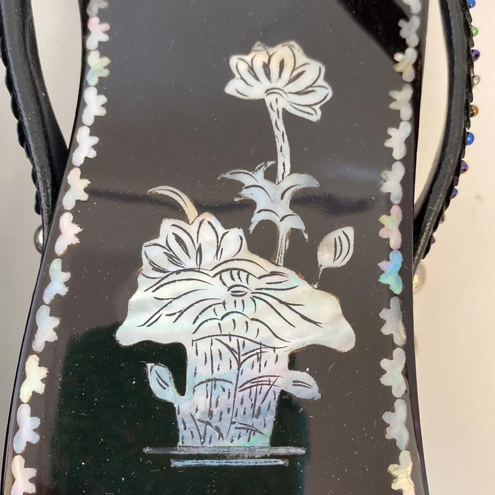 - New Asian Oriental Flip Flops Sandals MOP Inlay Black Lacquer Wood - Picture 5 of 9